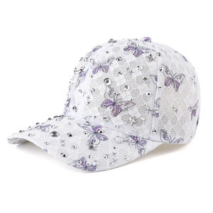 White lace baseball cap with purple butterfly print and rhinestone accents