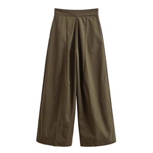 High-waisted wide-leg trousers in olive green with elegant drape and pleated front design
