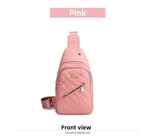 Front view of pink Oxford fabric chest bag featuring classic quilted stitching and gold zipper