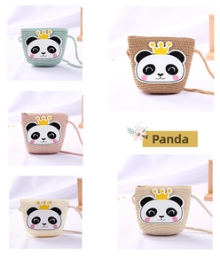 Detail view of woven mini bucket bags for girls in five soft colors with panda patches