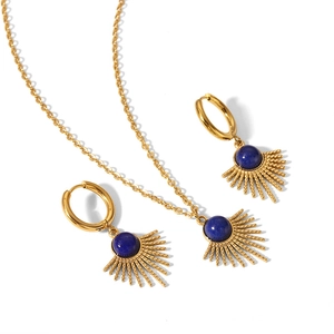 Retro sunflower necklace and earrings set with blue lapis lazuli in gold titanium steel