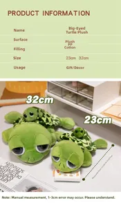 Confronto dimensioni per peluche a tartaruga con occhi grandi da 23cm e 32cm