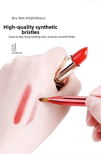 Macro view of dual-ended retractable lip brush showing soft fiber bristles and smooth application