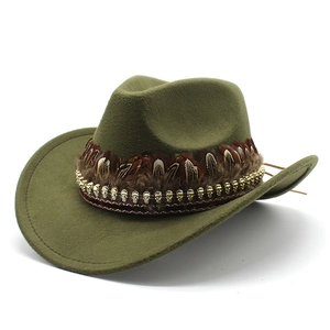 Detail of olive green wool cowboy hat with feather trim and gold skull embellishments