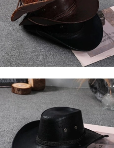 Close-up of western cowboy hat with woven cord, metal rivets and vintage leather texture