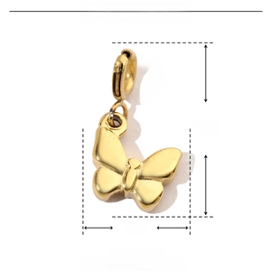 Detail view of a 16mm gold stainless steel butterfly pendant with size and weight metrics
