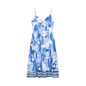 Blue and white floral summer midi dress with thin straps and elegant V-neck design