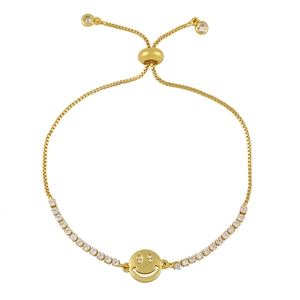Gold-plated smiley face bracelet with zircon mesh chain and adjustable sliding bead