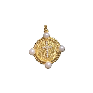 Golden round cross pendant with sparkling zircon center and four pearl accents