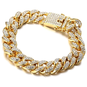 Luxury gold iced-out Cuban link bracelet with sparkling rhinestones and square clasp