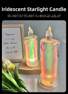 Detail of two colorful laser LED candles with shimmering starry effect on a desk