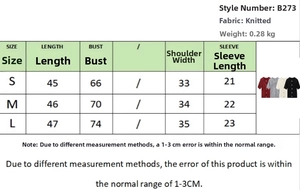 Detailed size chart for women's slim-fit knit cardigan with length and bust measurements