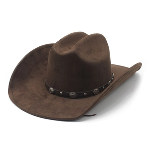 Vintage Western Cowboy Hat Suede Wide Brim Adjustable Outdoor Retro Fedora With Faux Leather Band Metal Conchos