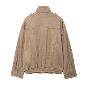 Detailed back view of a brown faux suede short jacket featuring a stylish turn-down collar