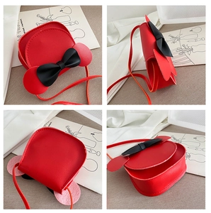 Detail view showing four angles of a red girls' mini bag with bow and cartoon ears
