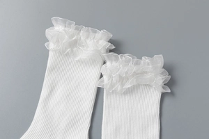 Détail de chaussettes hautes blanches avec froufrous en dentelle et texture côtelée douce