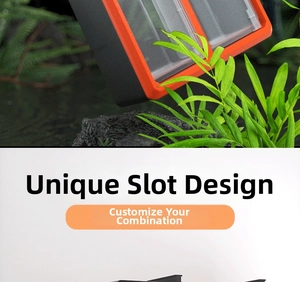Detail of interlocking slots for modular storage of small components and fishing gear