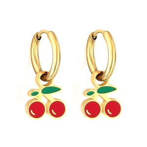 Minimalist gold hoop earrings with cute red cherry fruit pendants and green leaves