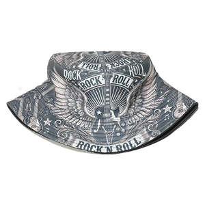 Outdoor Rock N Roll bucket hat with guitar print and wings in dark grey canvas