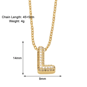 Detail view of 14mm gold letter L pendant with dimensions and 45+5cm chain specs