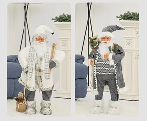 Detailed view of standing Santa Claus figures with Nordic white and grey cloth outfits