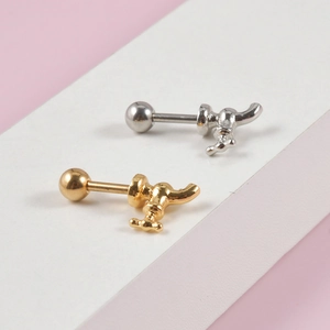 Unique faucet shape stud earrings in polished gold and silver stainless steel finishes