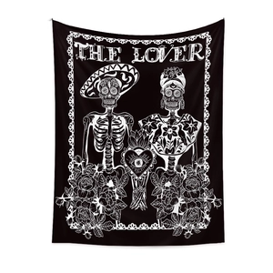 Detail of The Lover tarot style tapestry with skulls and roses for bohemian wall decor