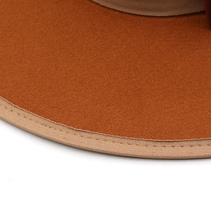 Detailed macro view of brown cashmere fedora brim with contrast ribbon binding and stitching