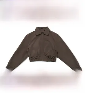 Detail of short stand-collar zip jacket made of durable plain weave oxford fabric