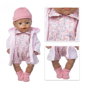Detail view of plush pink doll coat and floral romper set for 43cm reborn baby dolls