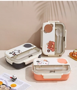 Detail view of cartoon bento boxes with 4 compartments and built-in cutlery storage