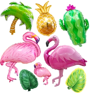 Tropical foil balloon set with pink flamingos, gold pineapple, and palm tree on white background
