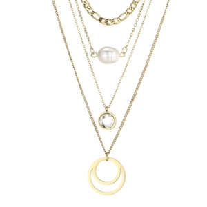 Multi-layer gold titanium steel necklace with pearl and cubic zirconia circular pendants