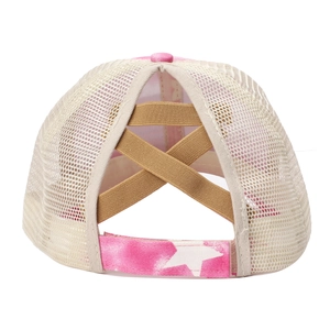 Pink star camo ponytail baseball hat with breathable white mesh and cross elastic straps