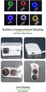 Detail view of colorful LED copper string lights with switch and CR2032 battery box