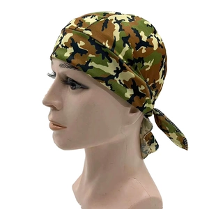 Detail of camouflage cycling bandana with adjustable straps and breathable fabric