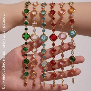 Geometric Multi-Faceted Czech Glass Bracelet With Stainless Steel Chain For Women Fashion Jewelry Adjustable Luxury Style