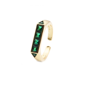 Bague dorée ajustable avec des zircons verts géométriques au style minimaliste moderne