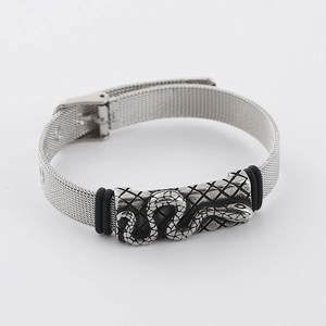 Bracciale da uomo in maglia d'argento con rilievo di serpente nero e acciaio inossidabile