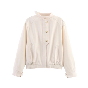 Minimalist cream-colored standing collar jacket with button details and elastic hem