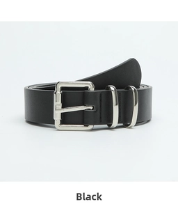 Detail of black leather belt featuring silver square metal buckle and dual metal loops