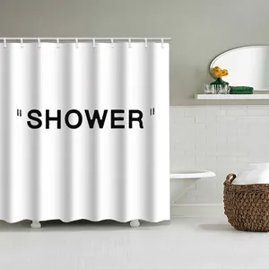 Rideau de douche moderne en polyester blanc avec texte SHOWER et crochets de salle de bain