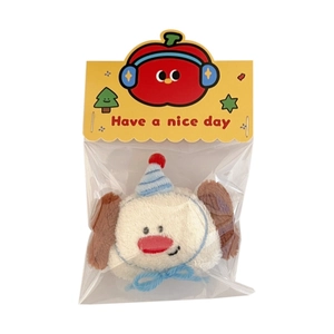 Cute white plush dog hair clip with blue striped hat in transparent packaging