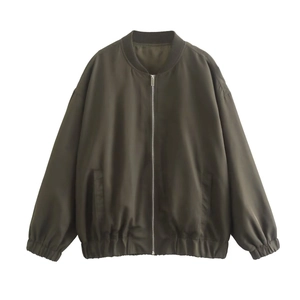Bombardier oversize femme vert olive foncé avec zip argenté et finitions côtelées