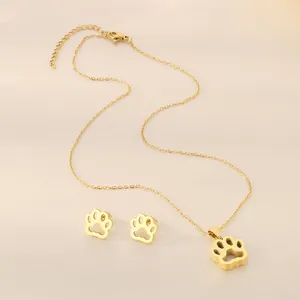 Collier Et Boucles D'oreilles Et Bracelet Empreinte De Patte D'animal Creux Acier Inoxydable Minimaliste Bijoux Femmes