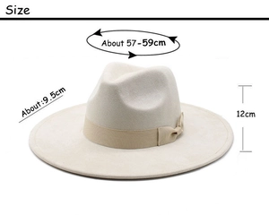 Size chart for wide brim fedora showing 9.5cm brim and 57-59cm head circumference
