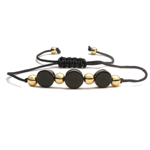 Handmade woven adjustable rope bracelet with black stones and gold metal beads