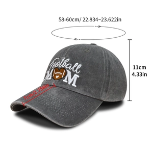 Detailed size chart for gray washed cotton baseball cap with Football MOM embroidery
