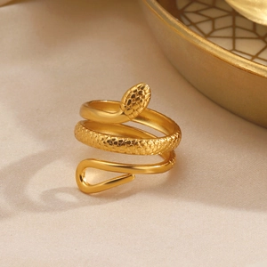 Polished gold adjustable snake ring with detailed scales and multi-layer wrap design