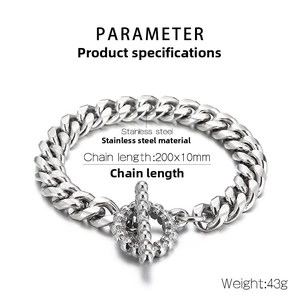 Detailed view of stainless steel Cuban chain bracelet with OT toggle clasp and 200x10mm specs